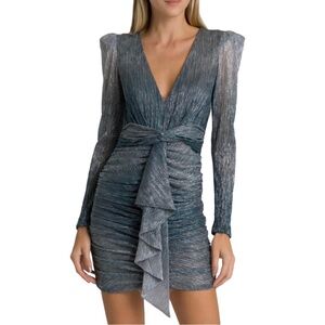 PatBO Metallic Lurex Ruched Mini Dress Blue Silver – Size 4 – Party Night Luxe